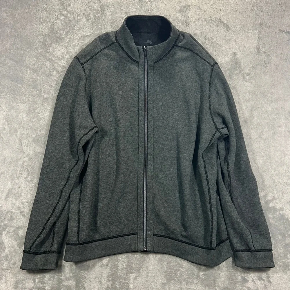 Tommy Bahama Mens Reversible Full Zip Jacket XL Grey Black Mock Neck Knit Fall